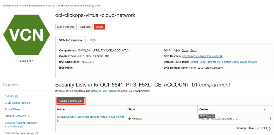Figure: Create Security List