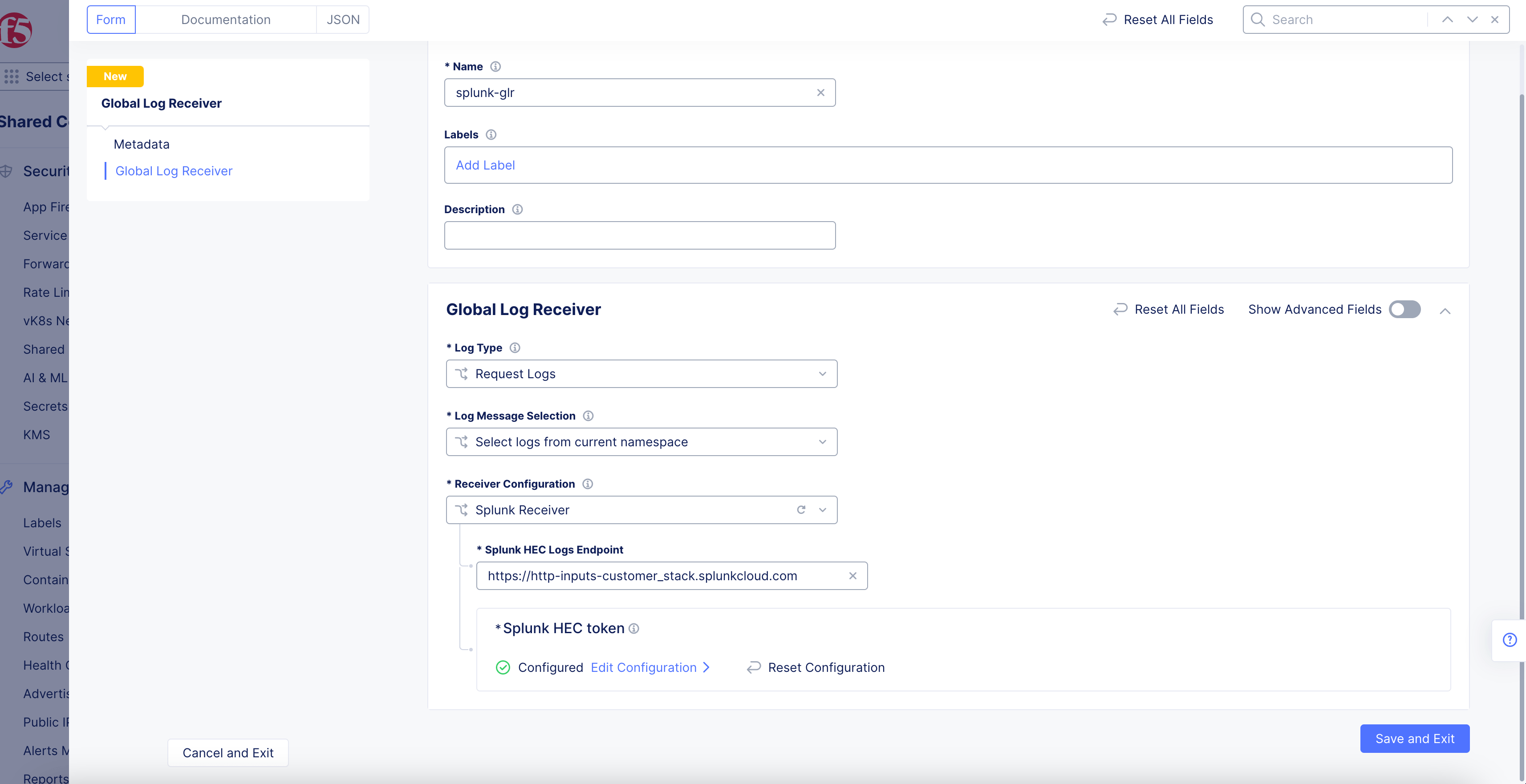 Figure: Splunk Log Receiver Configuration