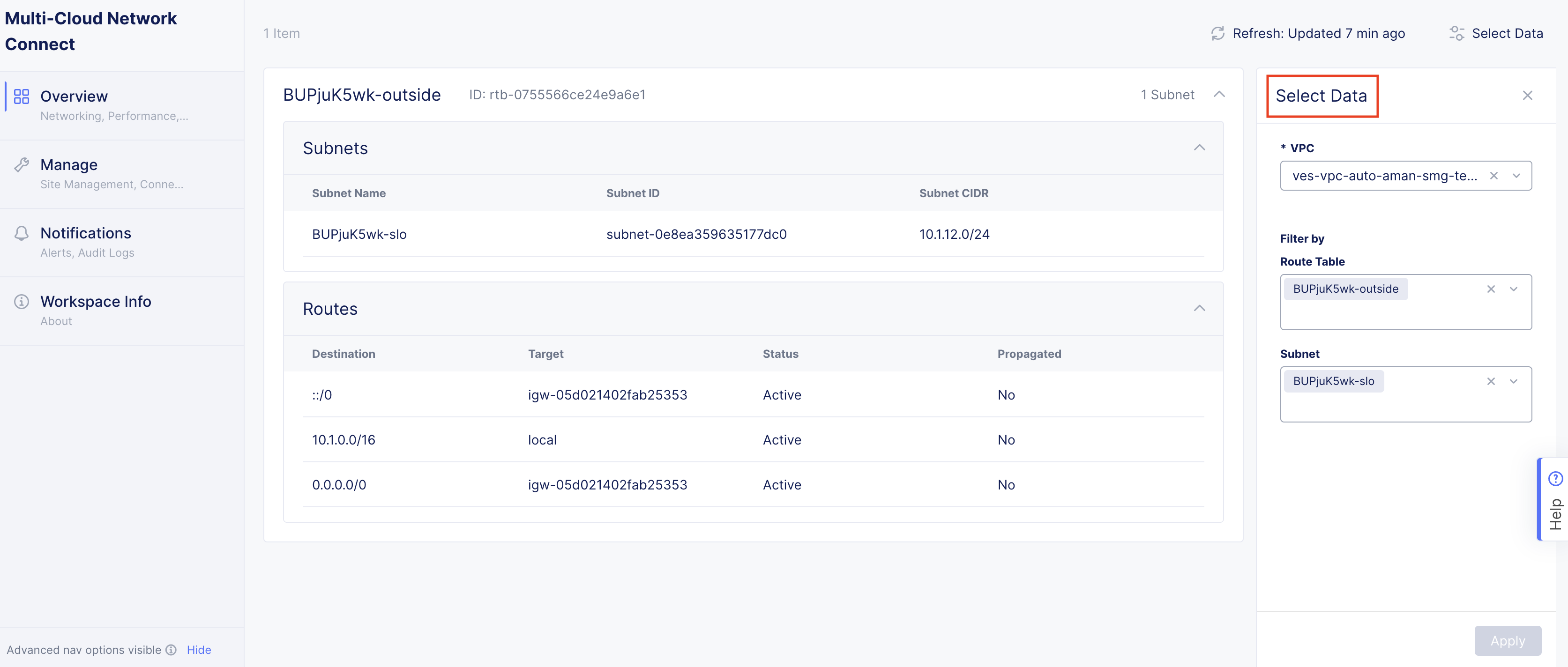 Figure: Cloud Routes for AWS Site - Filtered